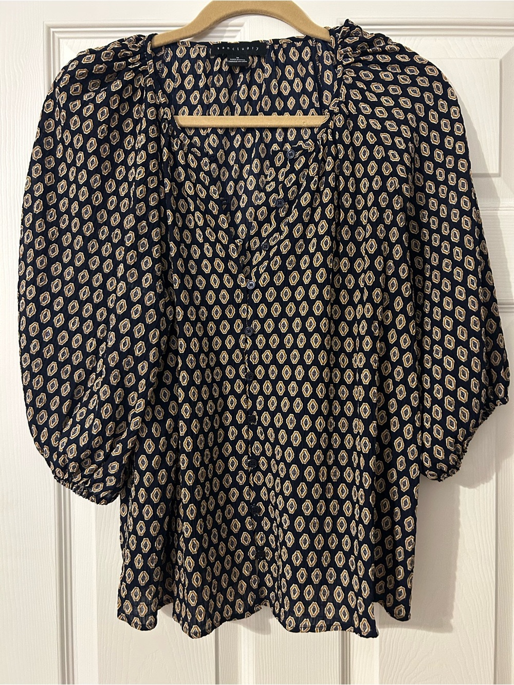Sanctuary Navy Geometric Puff-Sleeve Blouse